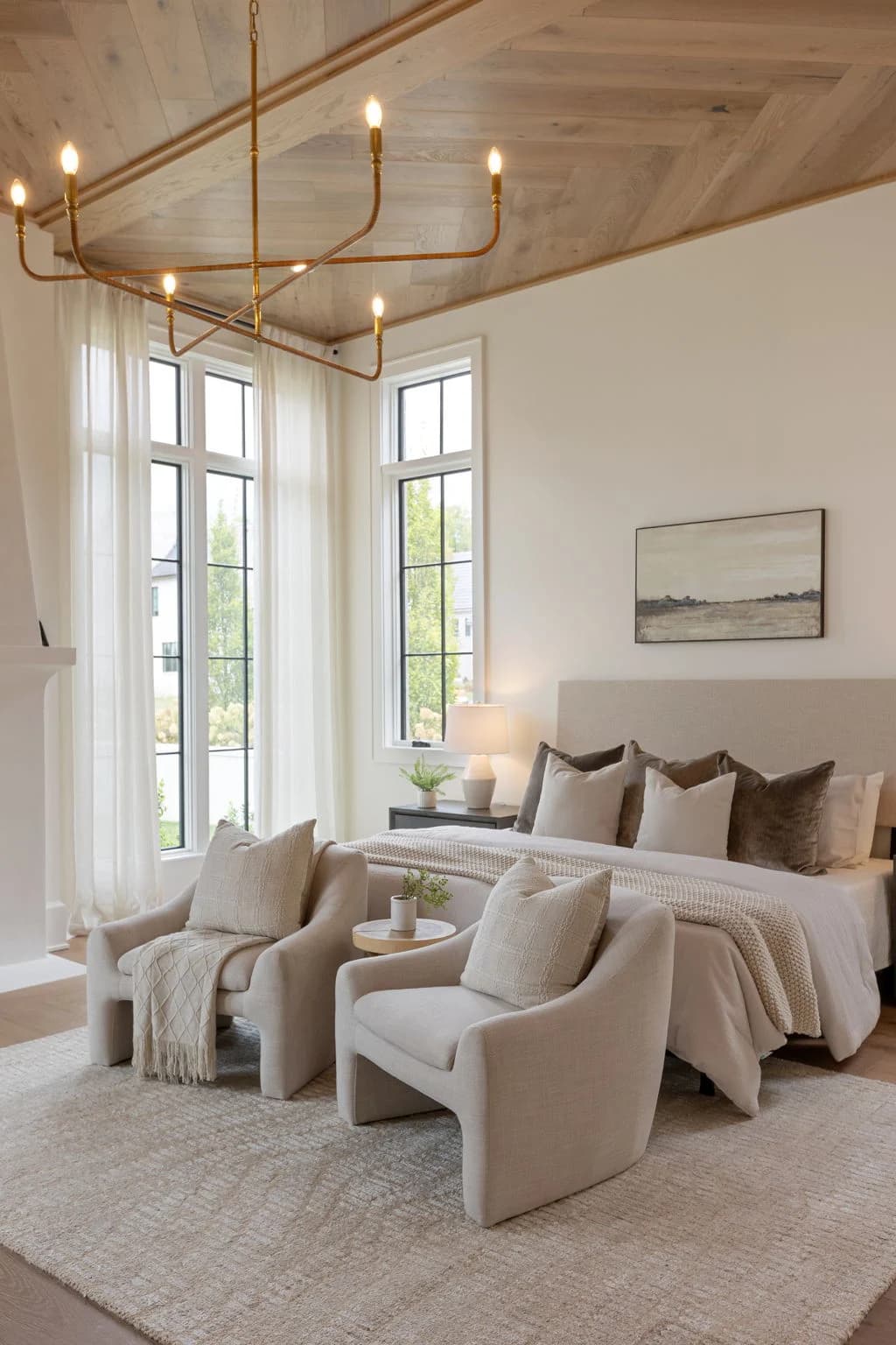 Primary bedroom sitting area with two cream armchairs under a brass chandelier and tall windows